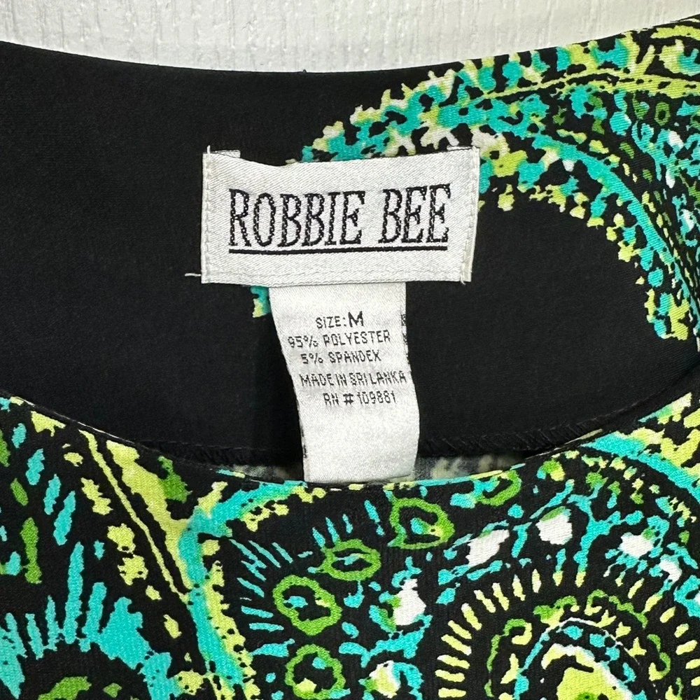 Robbie Bee Womens Black Green Paisley Print 3/4 Sleeve Shift Dress Size M